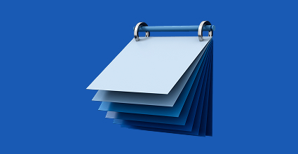 3D illustration of a blue desk calendar with blank pages on a blue background, representing scheduling, financial planning, business organization, deadline management, appointments, and productivity.