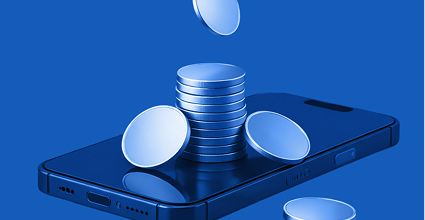 3D illustration of a smartphone with stacked coins and floating coins on a blue background, symbolizing digital banking, mobile payments, fintech, online transactions, savings, and personal finance.
