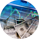 Image of U.S. dollar bills overlaid with a digital graph showing fluctuating stock market trends, indicating financial activity.