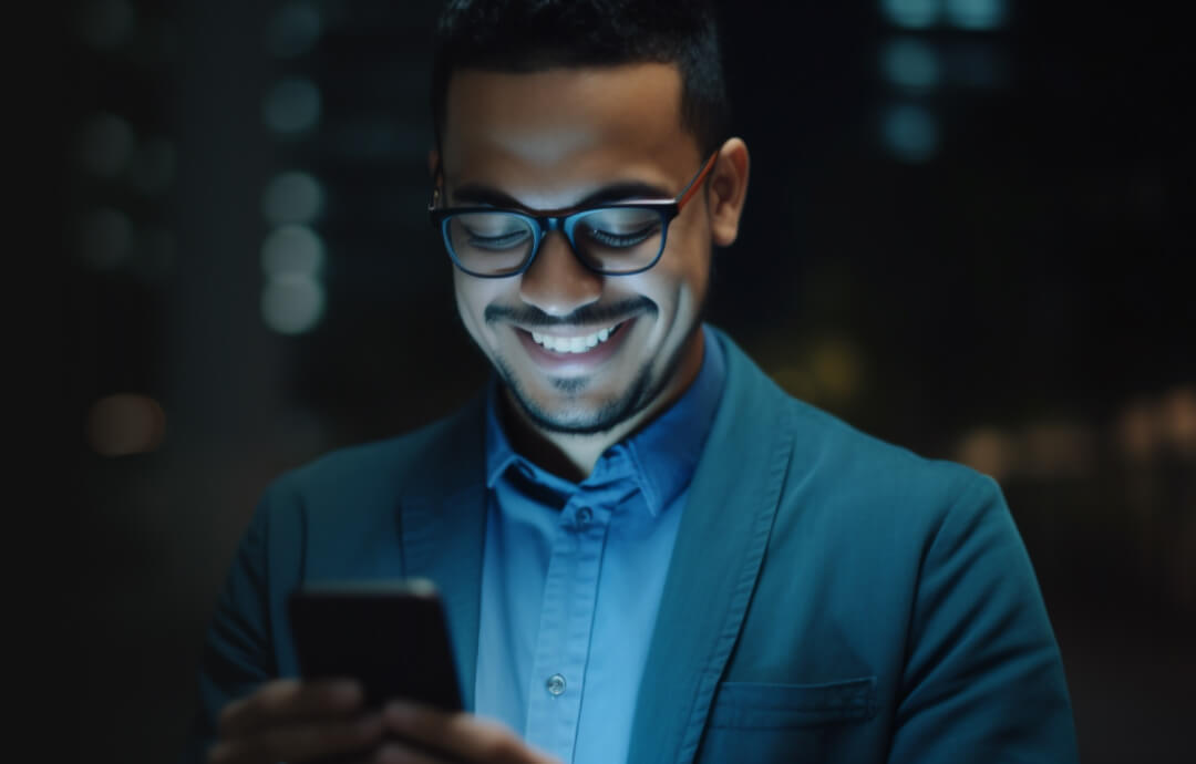 Smiling man using smartphone at night.